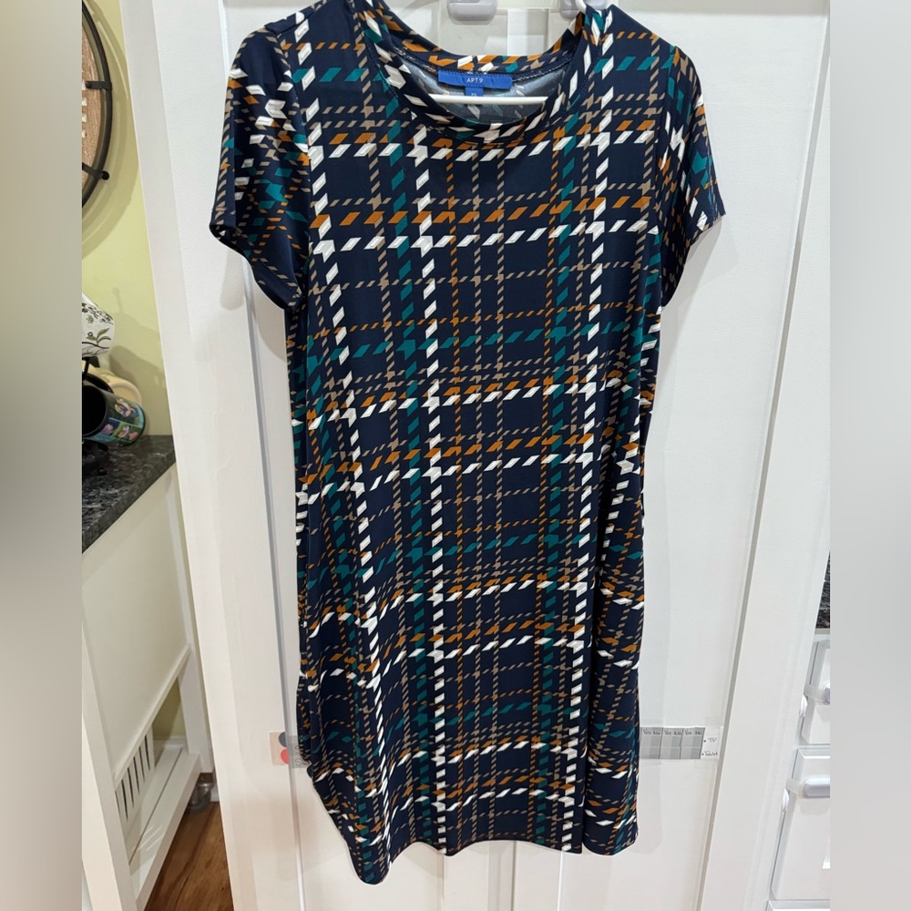 Apt. 9 Navy Plaid Midi Dress with Teal and Brown Accents